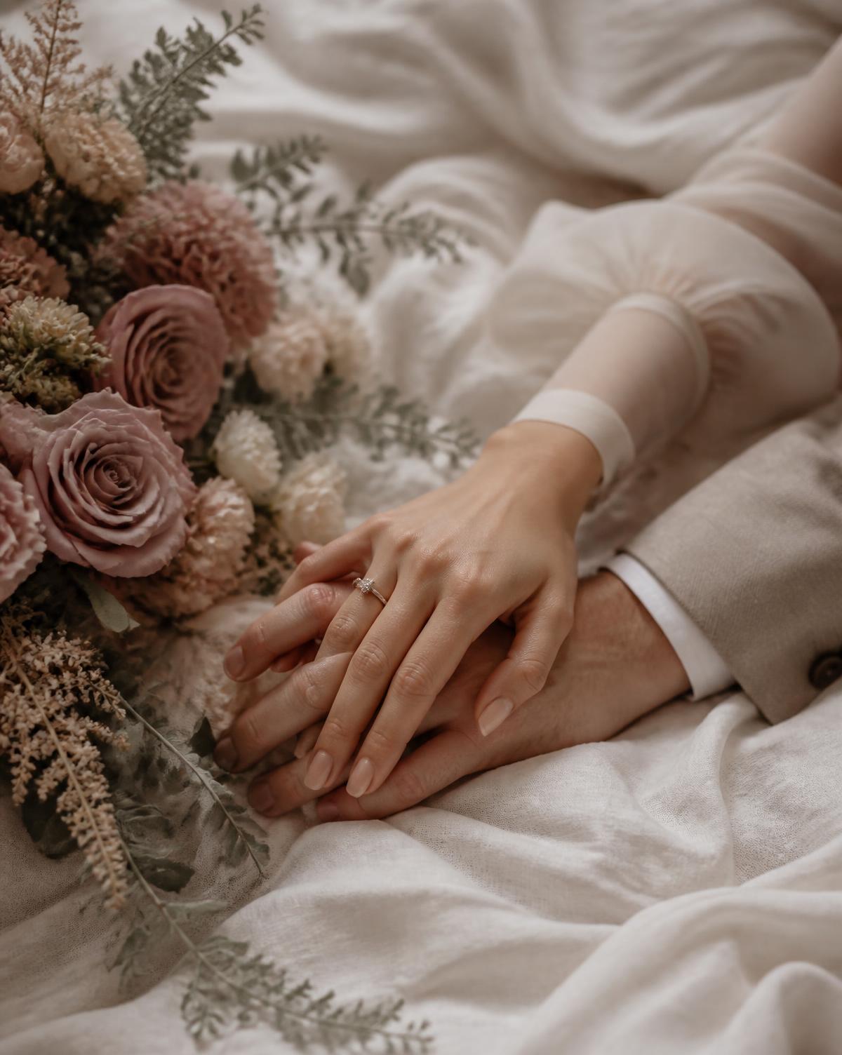 Two hands resting together beside a bouquet of dusty rose flowers