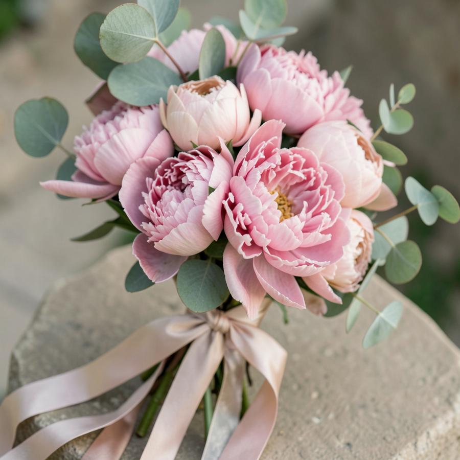 Bouquet of blush peonies tied with silk ribbon