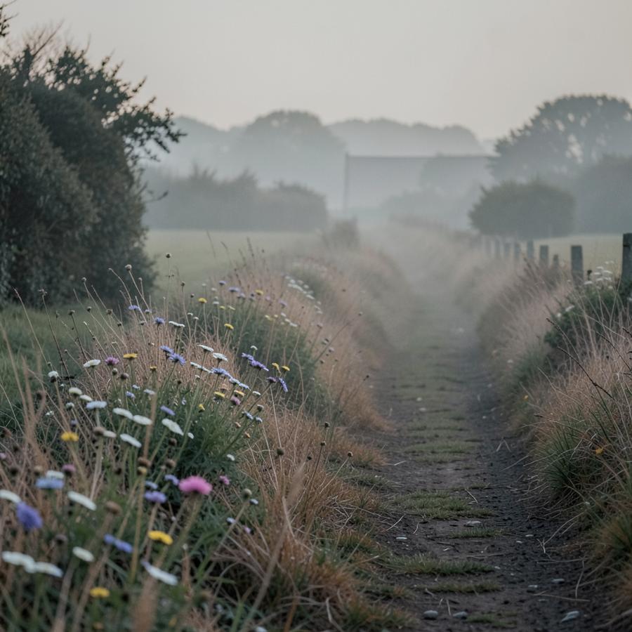 Country lane lined with wildflowers at dusk