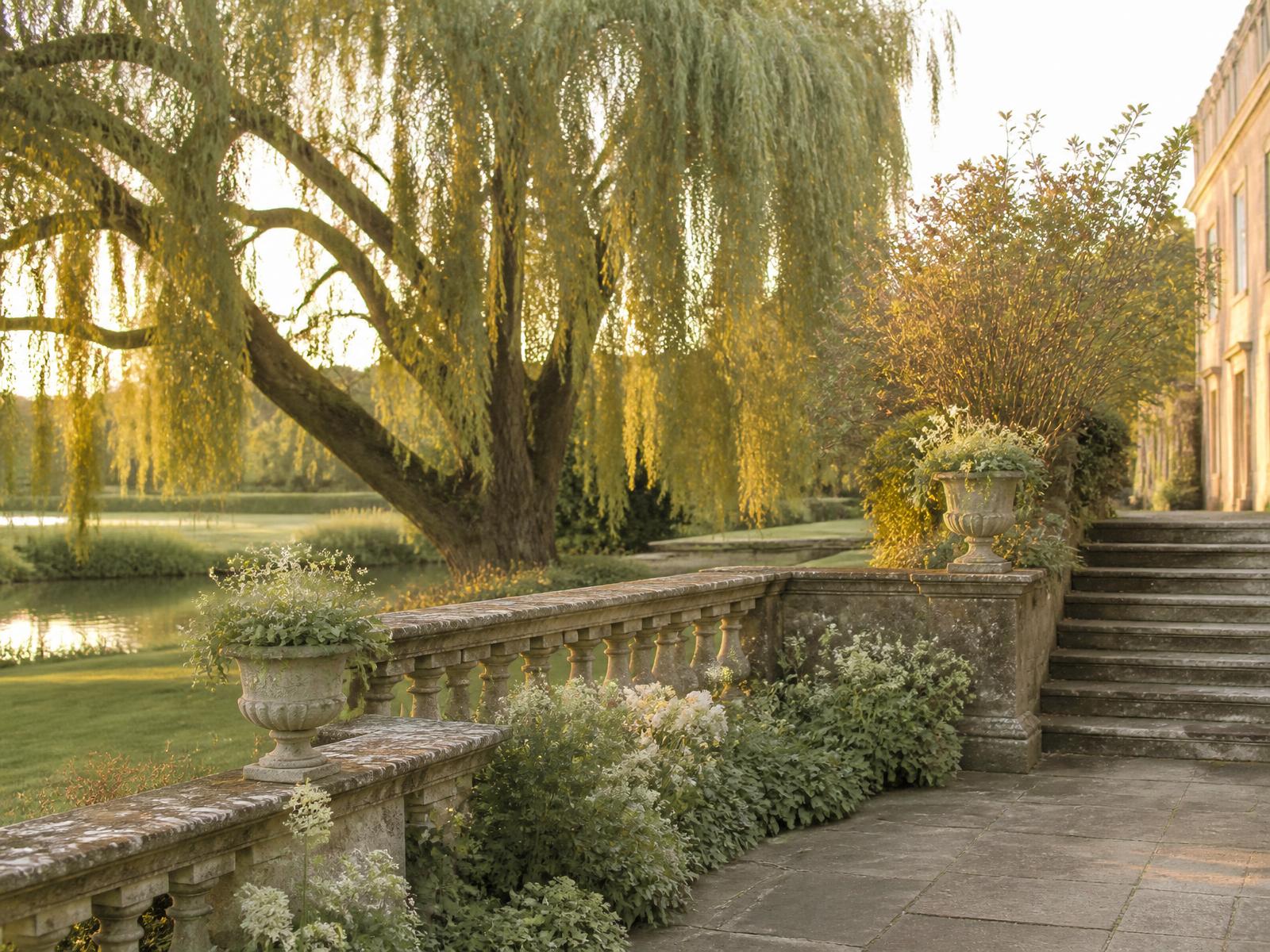 Willow trees and a stone terrace at a country estate in golden light